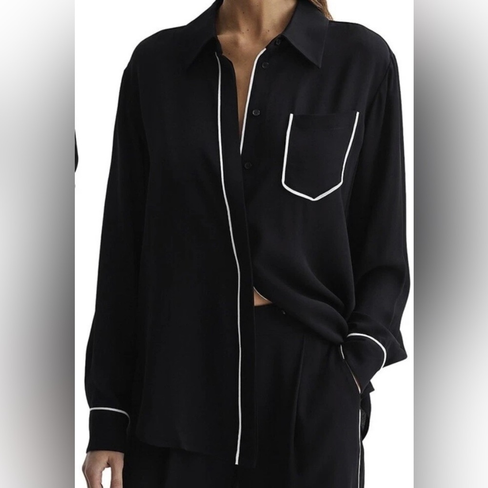 Reiss Gina Contrast Trim Shirt Long Sleeve Blouse Women’s US 14 Black & White